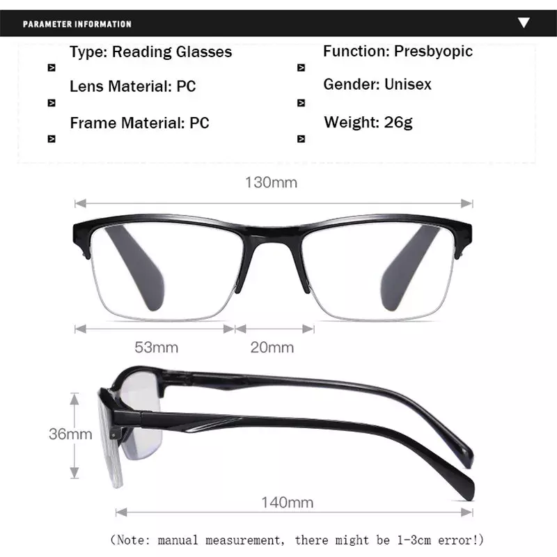 Okulary do czytania w połowie oprawki okulary do prezbiopic męskie okulary dalekosiężne ultralekkie czarne czerwone z wytrzymałością od 75 do 400