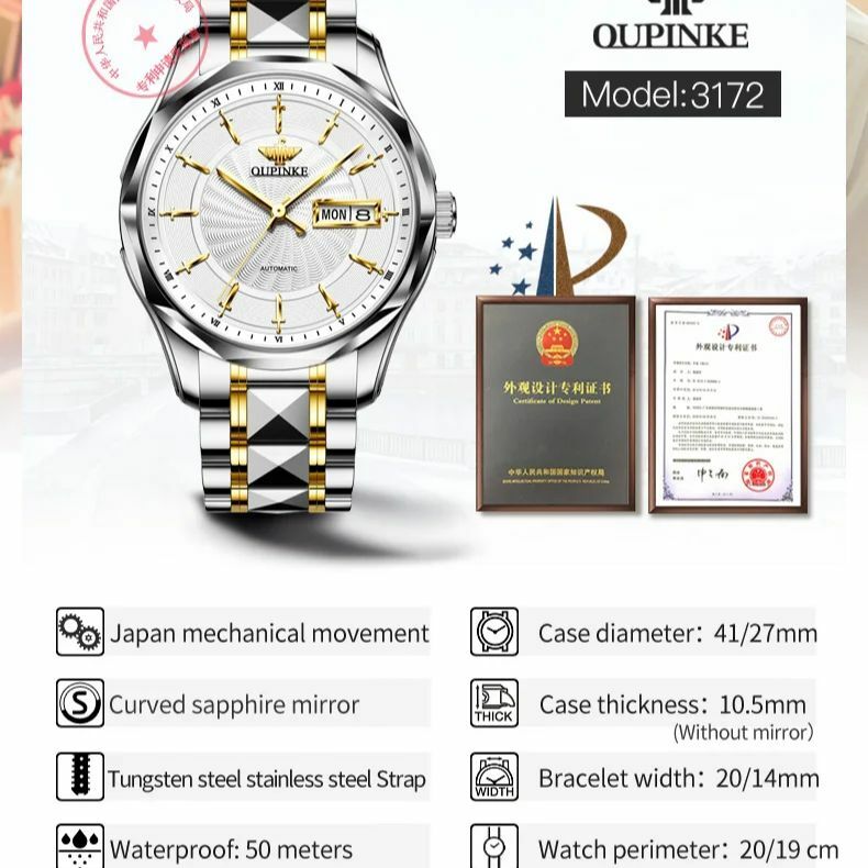 OUPINKE-Relógio mecânico com conjunto de braceletes para casais, elegante calendário de negócios, marca suíça de luxo, automático, 3172