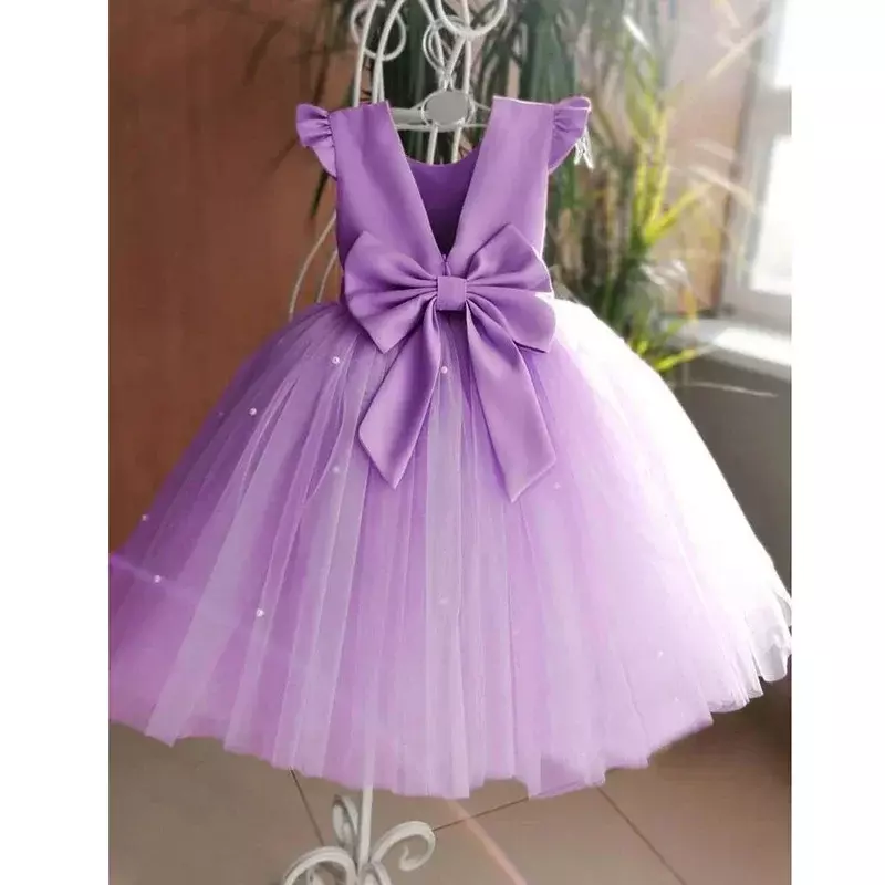 Flower Girl Dresses Birthday Tulle Dress Backless Bow Wedding Gown Kids Party Wear Princess Pink Baby Bowknot Toddler