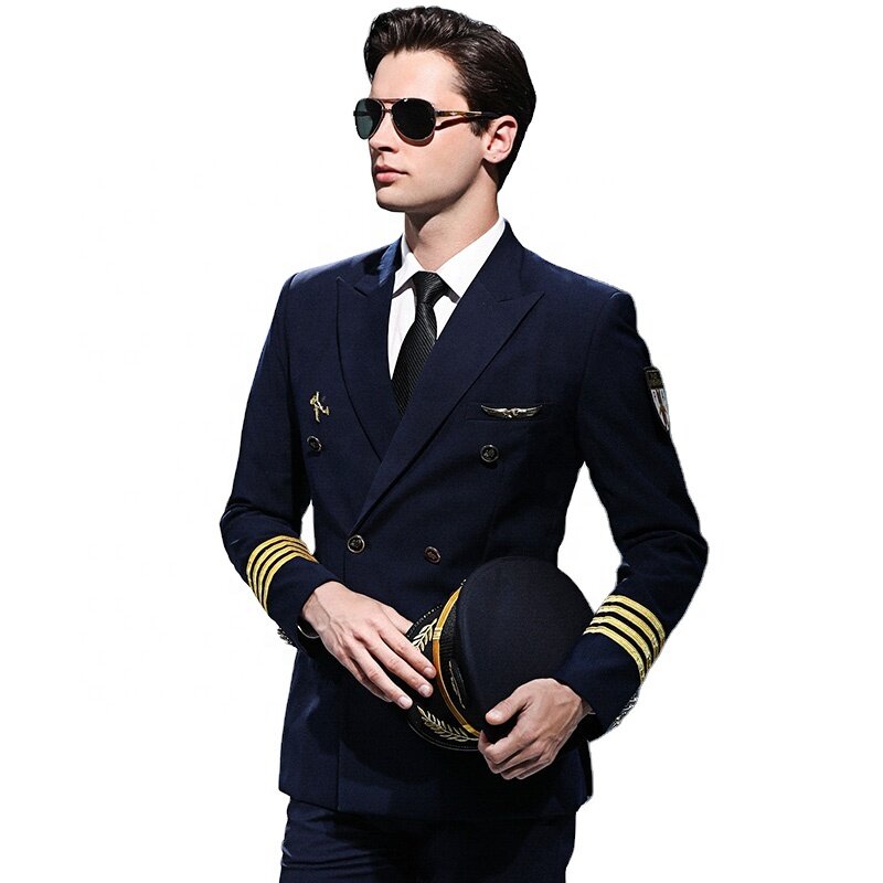 Airline Navy Blue pramugari Aviator baju Pilot setelan seragam