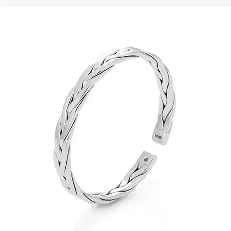 S925 Sterling Silver Woven Open Bracelet for Men and Women Retro National Style Love Interwoven Couple Luxury Jewelry Gift