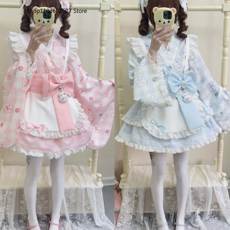 Pink Kawaii Lolita Style Dress Women Japanese Sweet Cute Bunny Strawberry Print Bow Princess Party Dresses Lolita Maid Dress Set