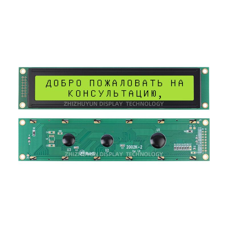 A tela de exibição do módulo LCD, luz verde esmeralda, texto preto, inglês e russo, 2002K-2 Substitui WH2002L, 20X2, 2002, 2002A