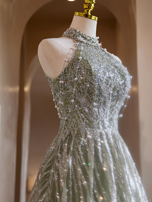Nowa dostawa luksusowe suknie wieczorowe w kolorze zielonym z dekoltem w kształcie litery A 2024 wysokiej jakości suknia z koralikami dla damska suknia balowa
