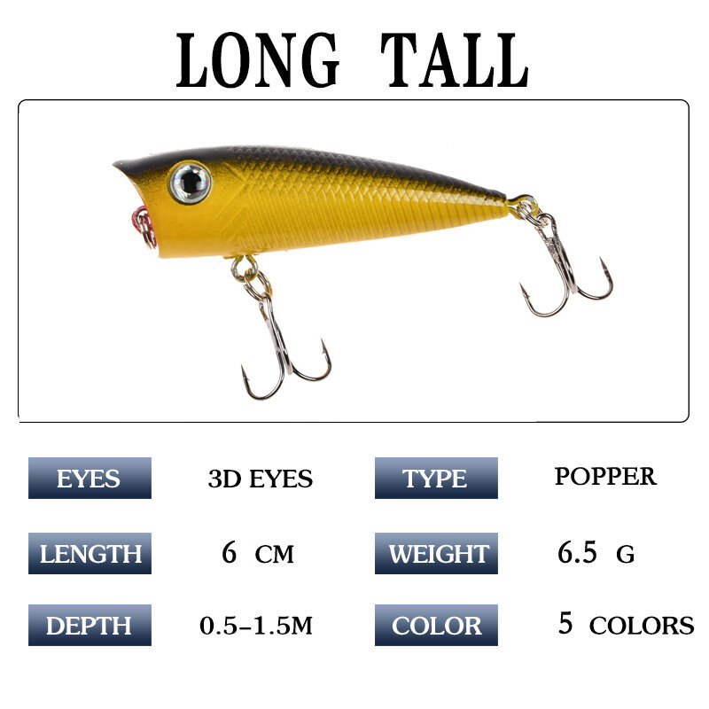 1pc Popper Fishing Lure 6cm/6.5g twarda przynęta sztuczne Topwater Bass pstrąg Pike Wobbler wędkarskiego z 2 kotwiczki