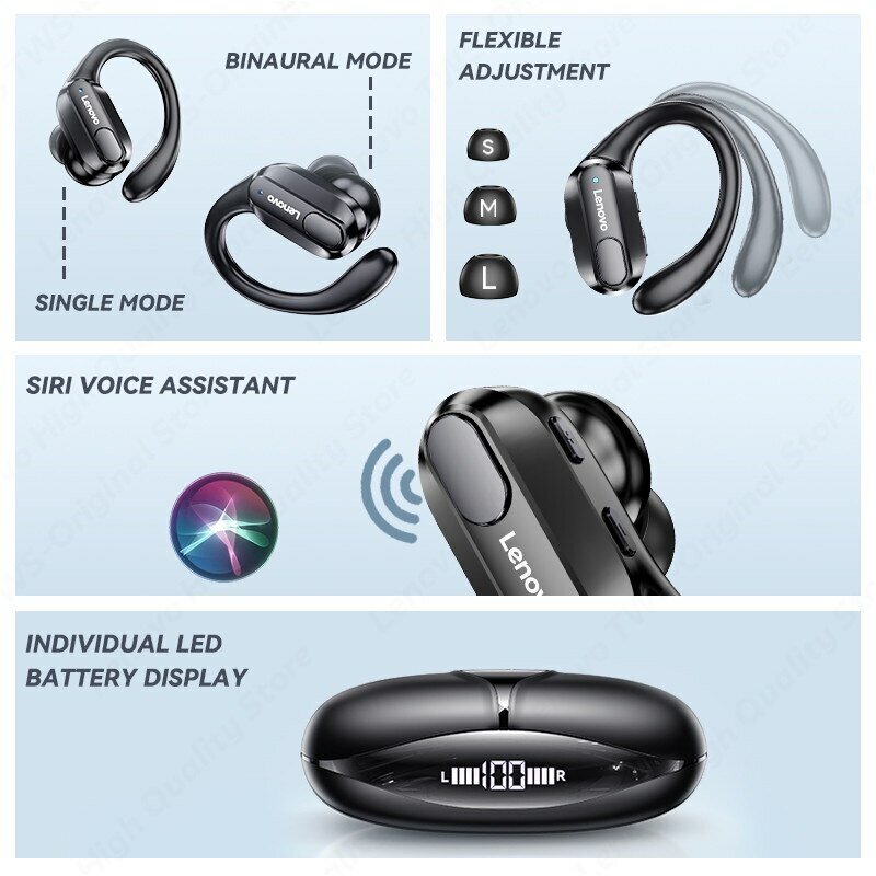 Lenovo XT80 headphone olahraga nirkabel dengan mikrofon, kontrol tombol, tampilan daya LED, suara Stereo Hifi