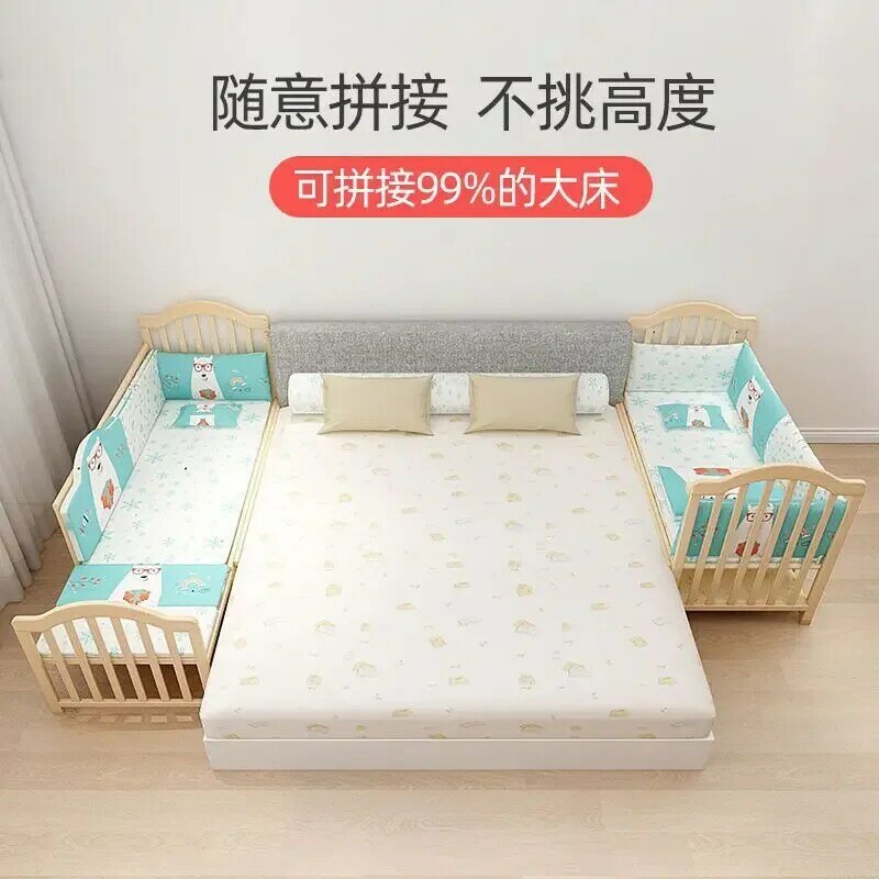 Baby Crib Splicing Large Bed Solid Wood Unpainted Multifunctional Bb Cradle Bed Baby Crib Movable Baby Crib