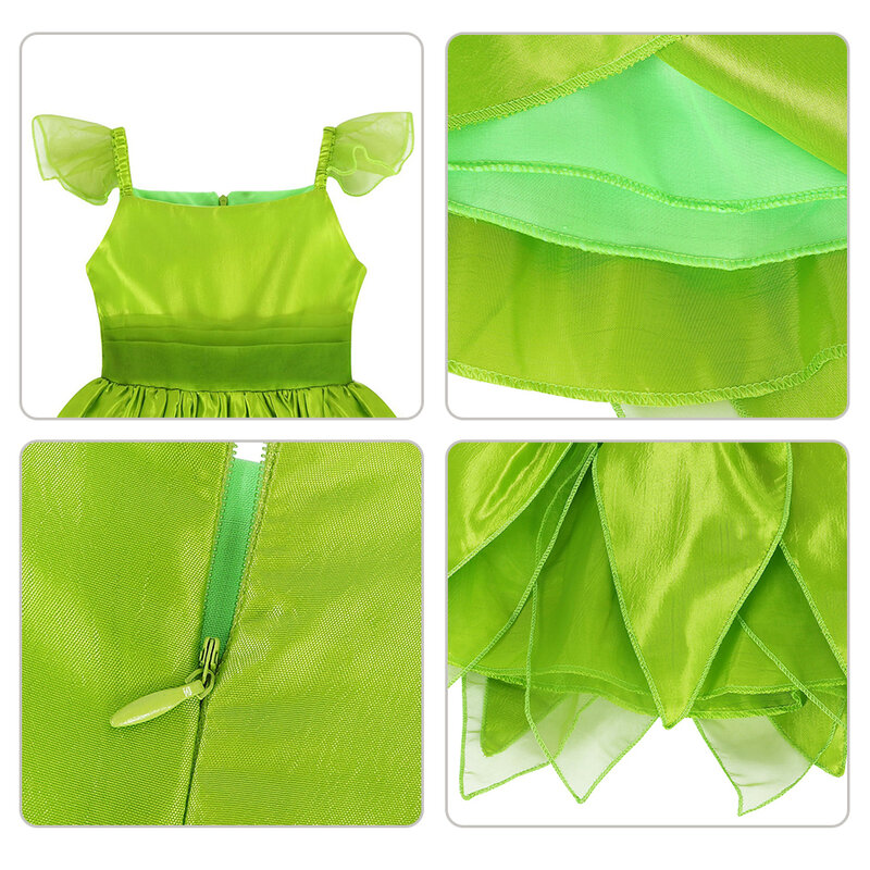 Disney Girls Tinker Bell Costume Kids Green Fairy Princess Tinkerbell Fancy Dress Birthday Party Gowns Halloween Cosplay Outfits