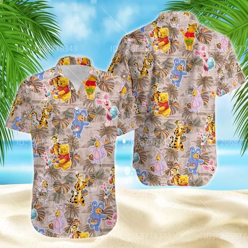 Гавайская рубашка с принтом Винни-Пуха, мужская рубашка с короткими рукавами и пуговицами в стиле Диснея, модная пляжная футболка с короткими рукавами