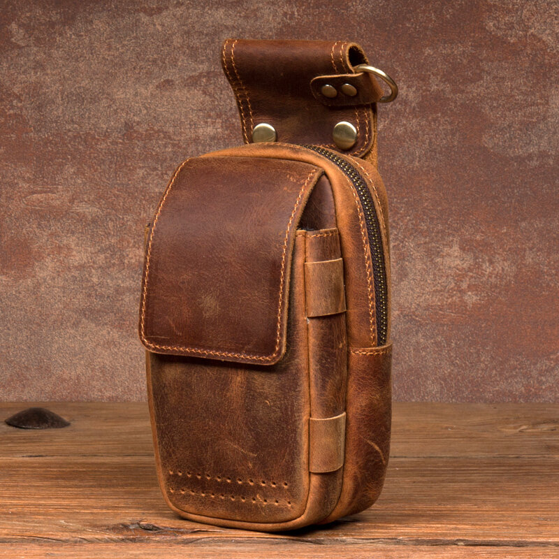 Mini sac de téléphone portable en cuir de cheval fou rétro pour hommes, couche Baotou, petites poches, sac de jambe