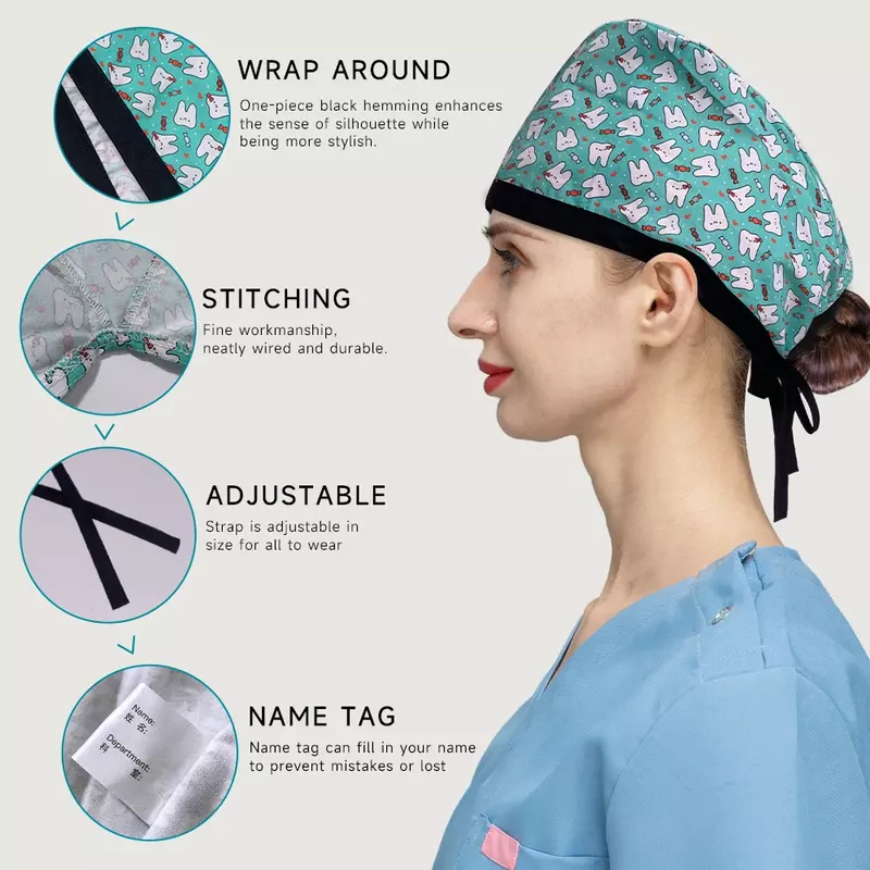 Alta qualidade algodão moda impressão chapéus ajustável scrubs chapéu enfermagem boné sala de operação enfermeira médico limpeza trabalho esfrega bonés