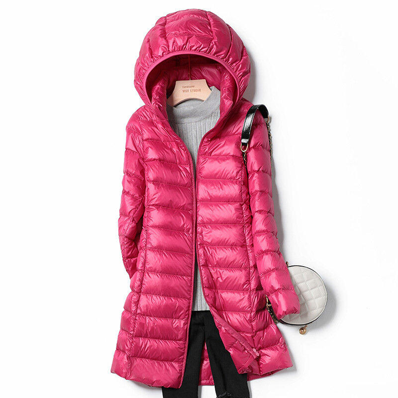 여성용 캐주얼 경량 제거 후드 다운 재킷, 포장 가능한 단색 중간 길이 퍼퍼 코트, 보관 가방이 있는 파카