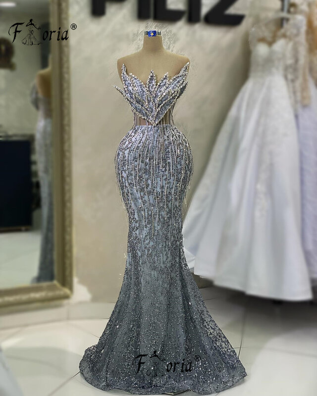 Delicate Crystal Tassels Mermaid Evening Dress Sparkly Full Beadings Sequins Silver Sleeveless Prom Dresses Robe De Soiree Femme