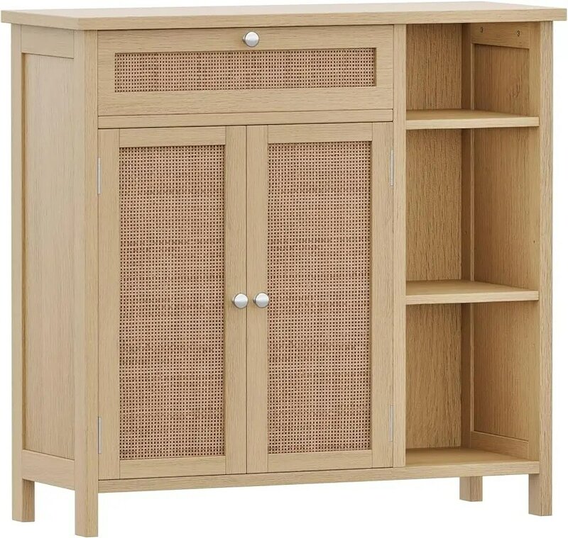 LivingRoom,  Cabinet with Rattan Doors, Bathroom Floor Cabinet with Open Storage / Adjustable Shelf, Coffee Bar with Drawer,