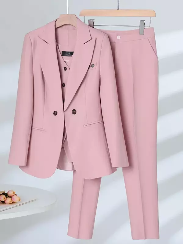 Colete e calças formais para mulheres, conjunto de três peças, terno elegante, rosa marinho, damasco, senhoras do escritório, trabalho de negócios, desgaste de carreira