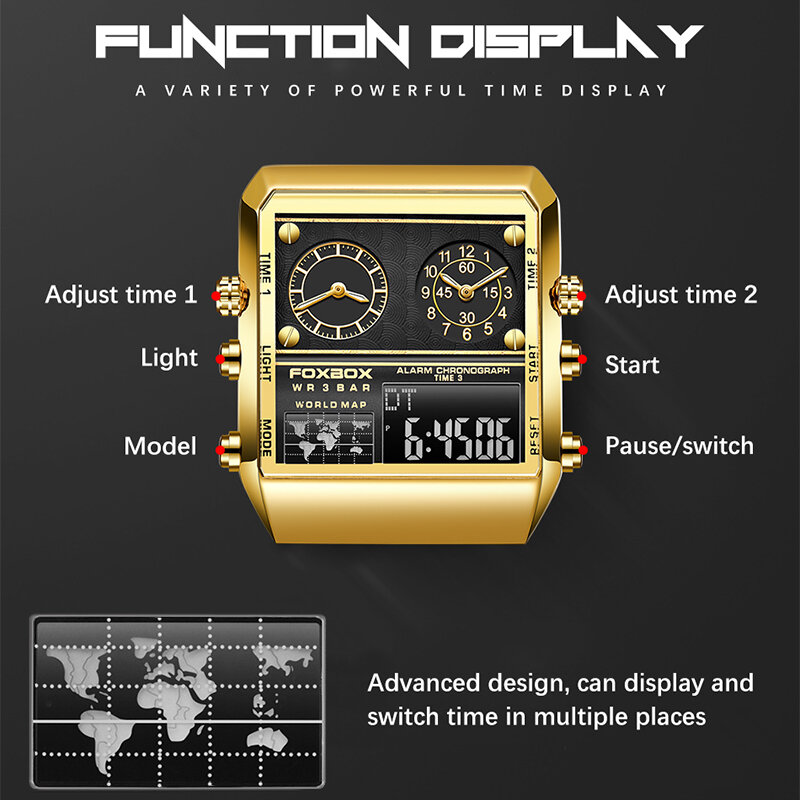 Luik Fashion Gold Dual Display Horloge Heren Horloges Merk Luxe Klok Montre Homme Chronograaf Quartz Horloge Mannen Relogio Masclino