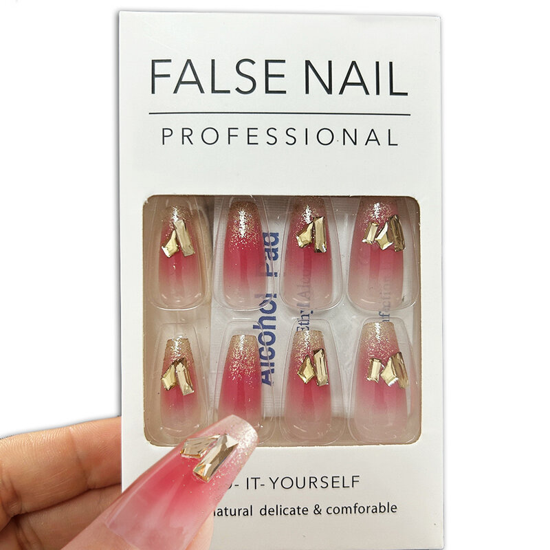 24pcs Red Blush Press on Nails Diamond Rhinestone Long Coffin False Nails Full Cover Acrylic False Nails Glitter Glue on Nails*1