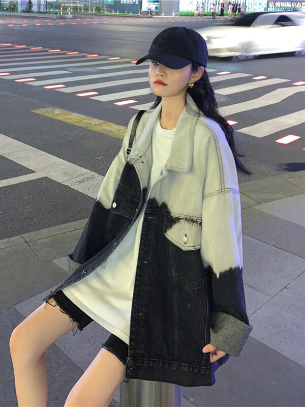 2022 새로운 봄 느슨한 한국어 미국 복고풍 홍콩 스타일의 재킷 그라데이션 데님 재킷 여성의 봄