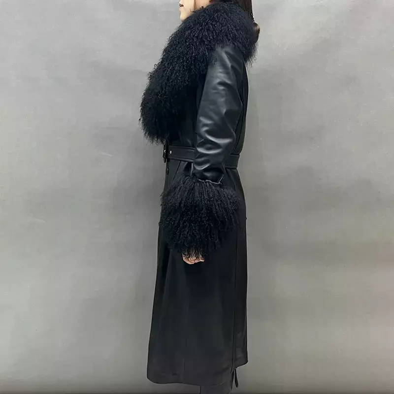 Casaco de couro genuíno feminino, pele de ovelha mongol, cinto longo, roupas de senhora, moda luxuosa, FG6406
