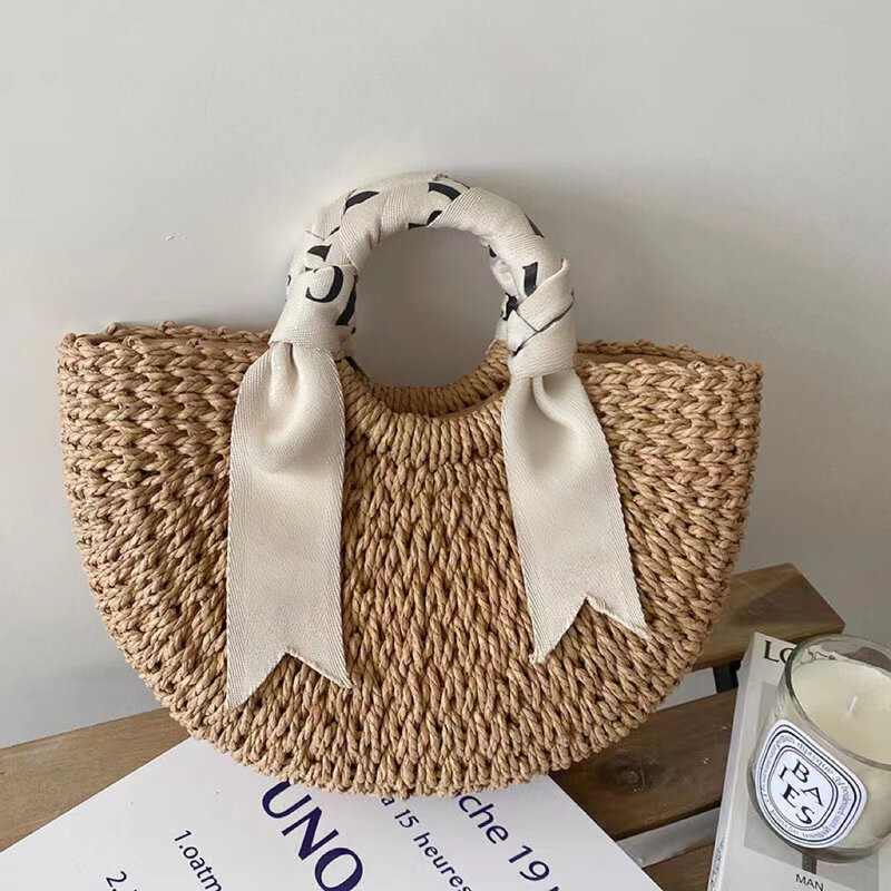 Alphabet-printed Scarf Bag Versatile Half-circle Woven Women's Bag Straw-woven Bag Seaside Handbag