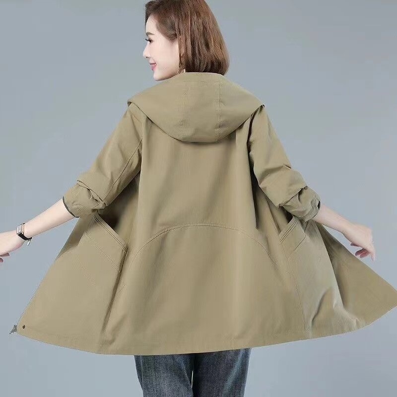Windbreaker Jacket Women Middle-Aged Elderly Spring Autumn Long 2024 New Outwear Casual Loose Overcoat Hooded Trench Coat Female