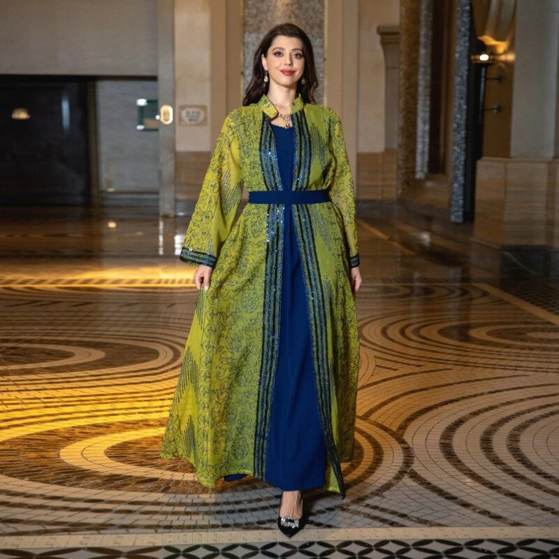Vestido Abaya Aberto elegante para Mulheres, Eid Arab, Eid, Árabe, Islã, Festa Feminina, Jalabiya, Vestido de Luxo Turquia, Kaftan Marroquino, 3 Pcs