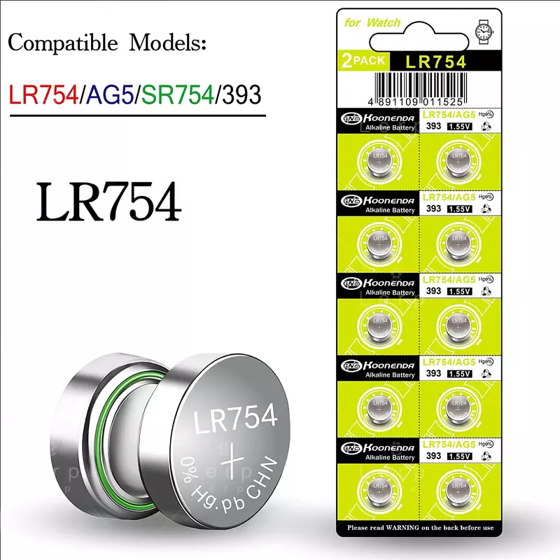 Bateria eletrônica do auxílio auditivo, AG5, LR754, 393A, L754F, SR754SW