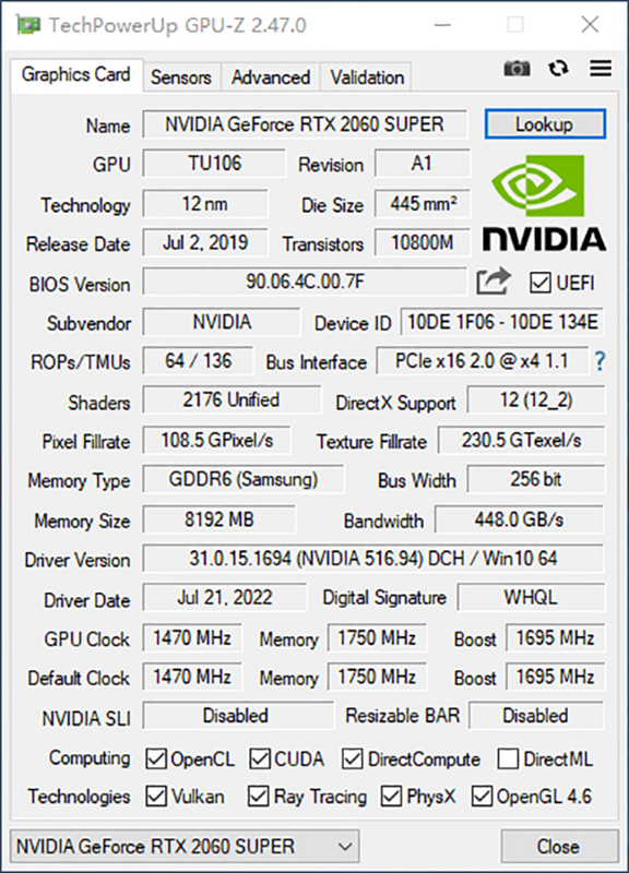 Mllse Carte Graphique RTX 2060 Super 8 GO GDDR6 256Bit GPU PCI Express 3.0x16 1470MHz 8G Carte Vidéo Pour Le Jeu CPU De Bureau