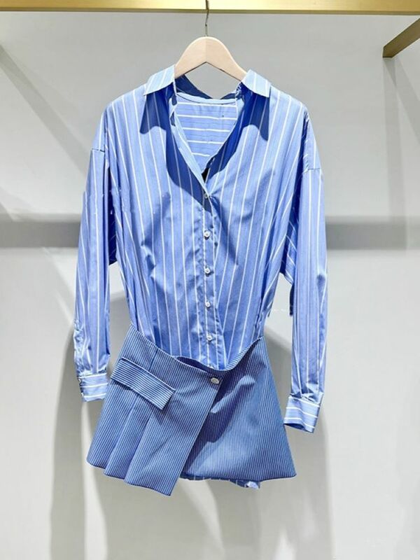 Conjunto de dos piezas a rayas para mujer, Blusa de manga larga con cuello vuelto de botonadura única o minifalda de cintura alta, verano 2024