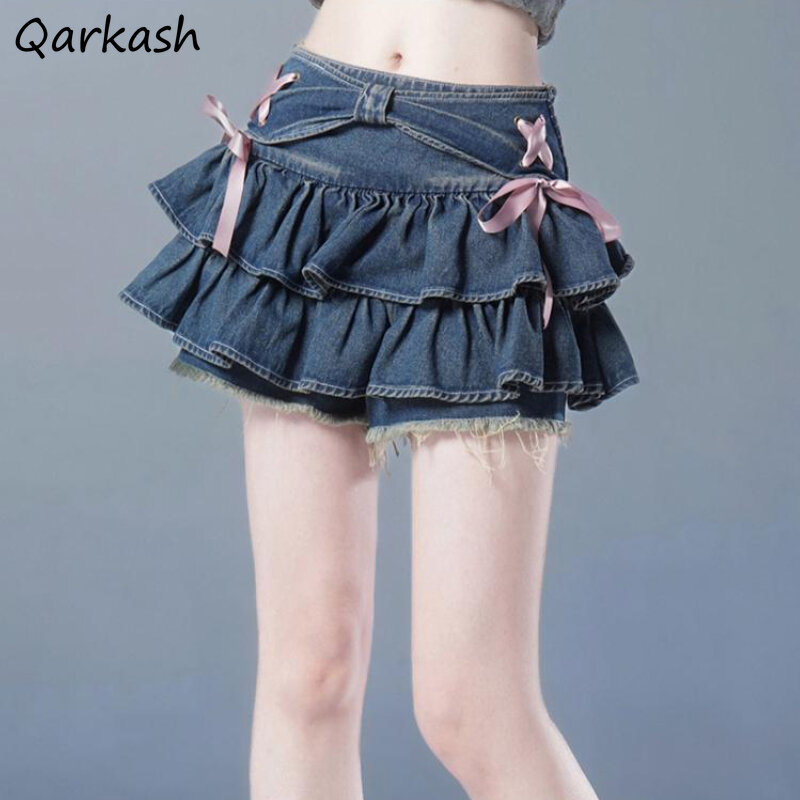 Mini Denim Skirts Women Hot Girls Sweet Kawaii Bow Vintage Y2k Clothes American Streetwear Sexy Summer A-line Мини Юбки Gothic