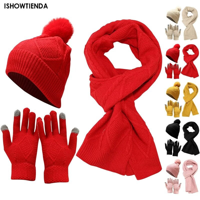 여성용 겨울 모자 스카프 세트, 니트 장갑, 따뜻한 스카프, 심플한 단색 의류 액세서리, 두껍고 부드러운 스카프 세트