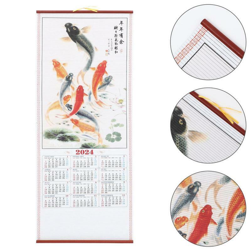 Kalender naga dinding zodiak Cina kalender gulung 2024 zodiak Cina 2024 kalender bulan rotan imitasi lukisan kertas