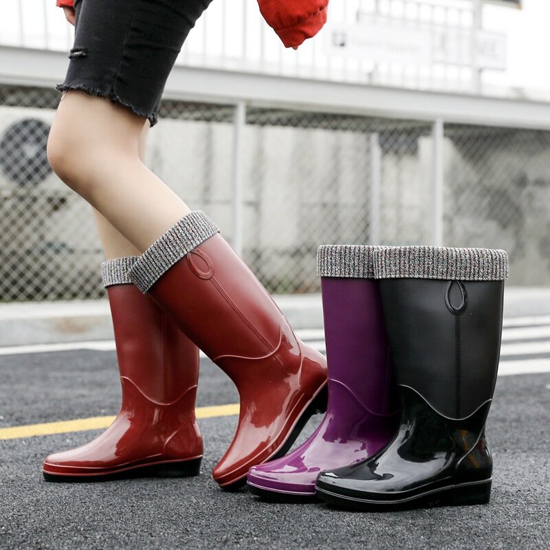 New Fashion Platform Mid-Calf Rain Boots Women's Warm Water Boots Female Jelly Bottom Non-Slip Waterproof PVC Shoes
