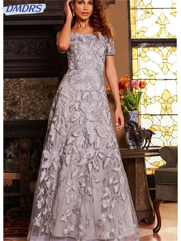 Encantador vestido floral apliqué, vestido de baile linha A, manga curta clássica, vestido até o chão, 2024