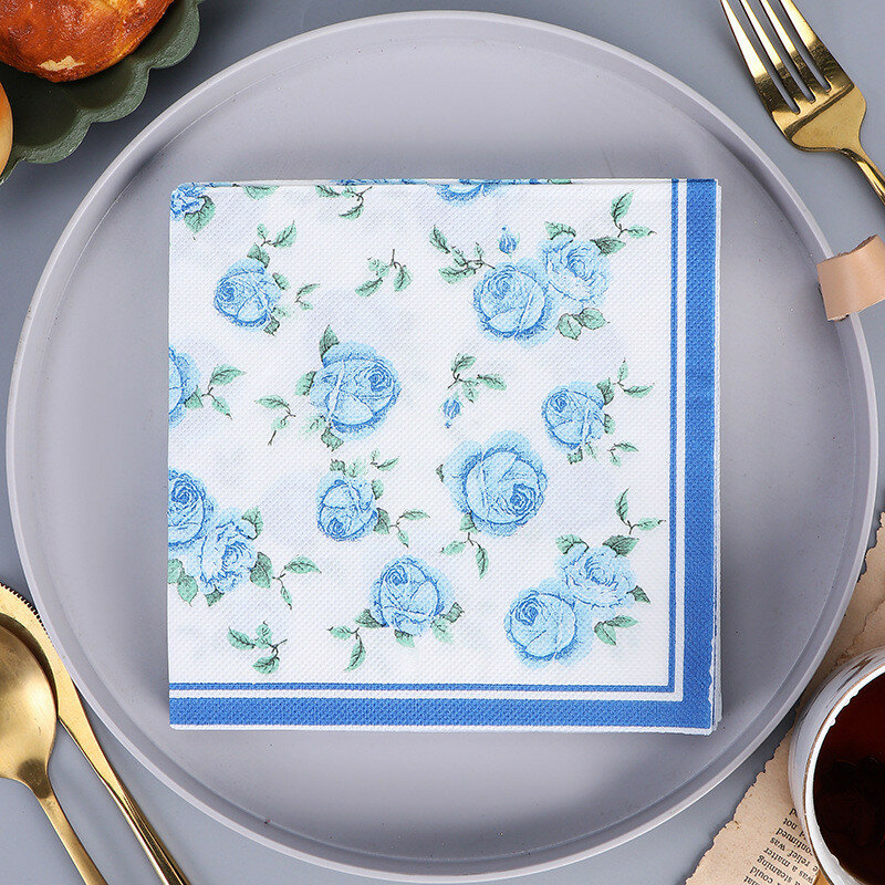 กระดาษเช็ดปากลายดอกกุหลาบสีน้ำเงิน20ชิ้น/แพ็คผ้าเช็ดปากสำหรับงานเลี้ยงอาหารค่ำงานแต่งงานวันเกิดของทารกของตกแต่ง