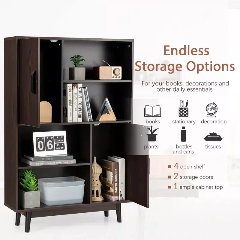 Storage Cabinet with Legs, Floor Cabinet with Doors, Shelves, Anti-Tipping Device, 4-Tier Bookshelf for Books & Photos, Cupboard