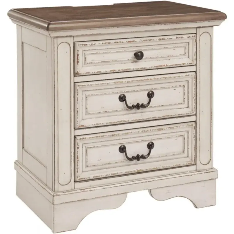 Signature Design French Country 3 Drawer Nightstand with Electrical Outlets USB Ports, Chipped White