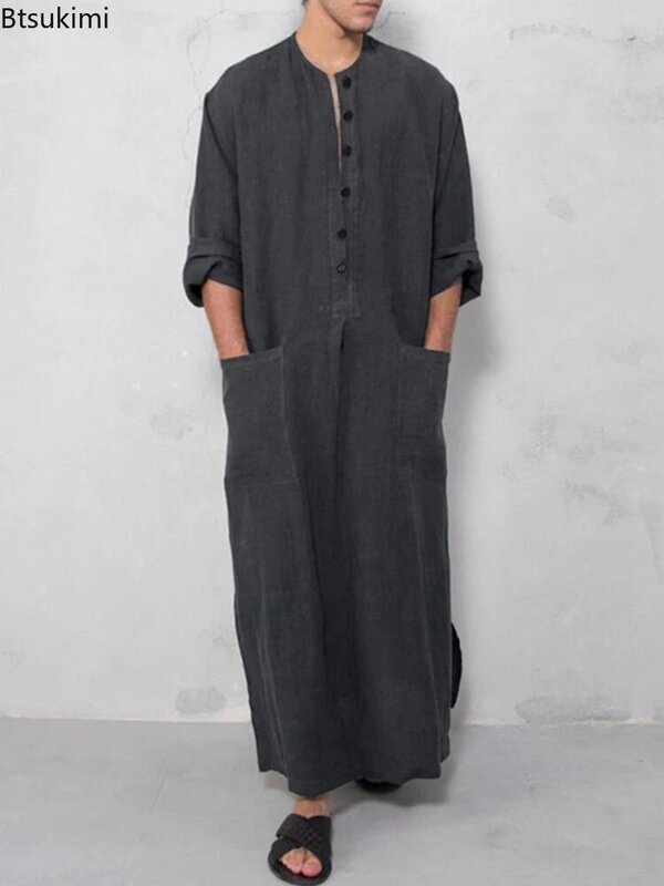 Мусульманская модная одежда New2024 в этническом стиле с воротником «Генри» и длинным рукавом, повседневная однотонная одежда на пуговицах, исламский арабский Дубай Jubba Thobe