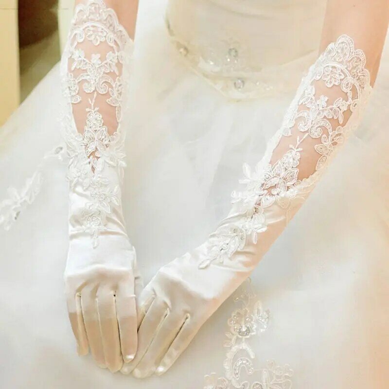 Damskie satynowe długie rękawiczki do łokcia przezroczyste cekiny koronkowe weselne rękawiczki Drop shipping