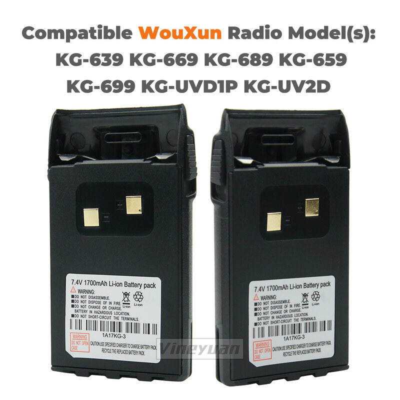 7.4V 1700mAh 1A17KG-3 Li-ion Battery for WouXun KG-UVD1P KG-UV6D KG-659 KG-699 KG-689 Two Way Radio Rapid Battery with Belt Clip