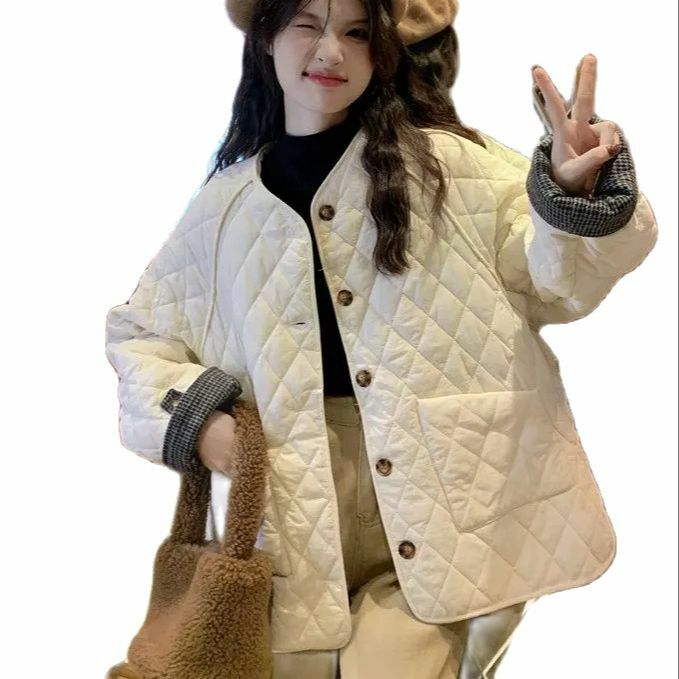 여성 칼라 없는 코튼 패딩 코트, 가벼운 코튼 의류, 한국 슬레, 루즈한 디자인, 마름모
