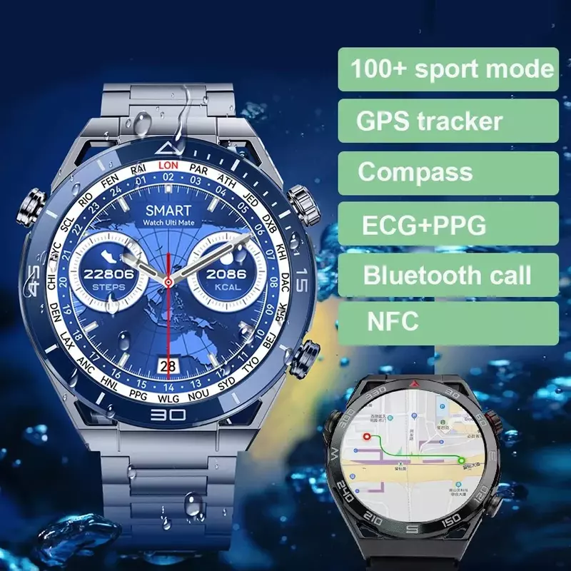 Смарт-часы мужские с компасом, Bluetooth, GPS, ЭКГ