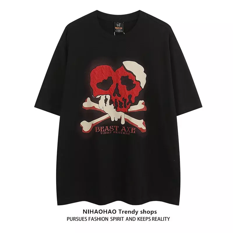High quality american retro skull embroidery oversized t shirt vintage hip hop y2k top korean graphic t shirts women clothing
