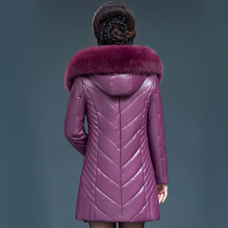 Women Leather Coat Winter Nice Pop Fashion Warm Fur Collar Hooded Faux Sheepskin Jacket Tops Outerwear Female Plus Size L-7XL