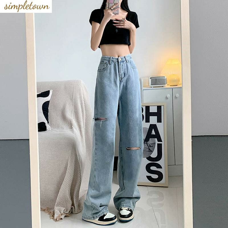 Perforated Straight Leg Jeans for Women's Spring and Autumn 2024 New High Waisted Loose Drape Wide Leg Mop Pants