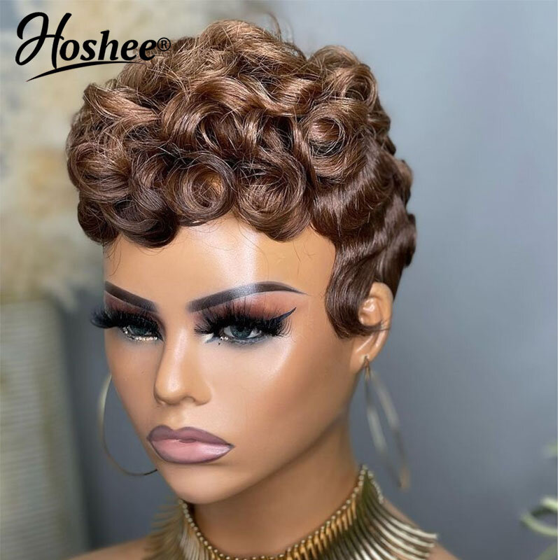Short Bob Pixie Cut Loose Deep Water Wave Brown Colored Glueless Wear And Go Human Hair Wig For Woman Full Machine Made Wigs