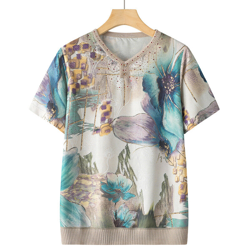 Kurzarm Strick T-Shirt lässig Vintage gedruckt Frühling Sommer Pullover Frau 2024 Pullover Tops mittleren Alters Mutter Bluse 4xl