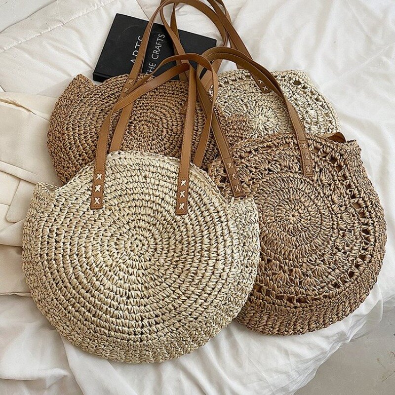 Богемные плетеные женские сумки на плечо с вырезами, круглые женские сумочки, Повседневная летняя пляжная сумка-тоут ручной работы, большая женская сумка