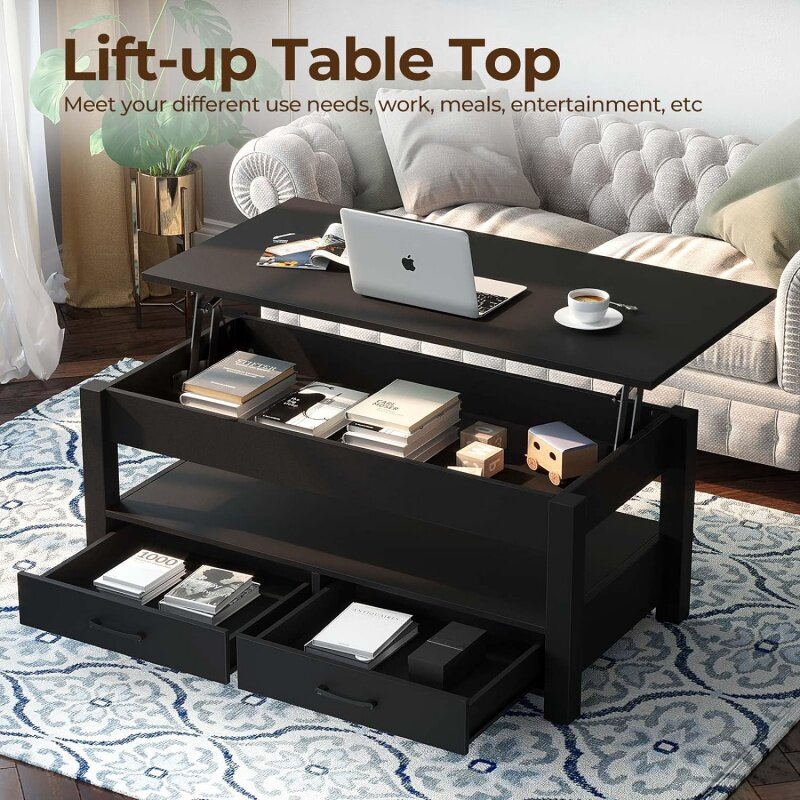 Rolanstar Coffee Table, 47" Lift Top with Drawers and Hidden Compartment, Retro Central Wooden Tabl