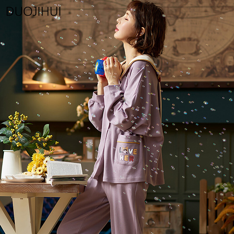 DUOJIHUI-Pijama feminino de duas peças, cardigã chique simples, calça solta básica, pijama feminino doce, casa casual, moda roxa, novo